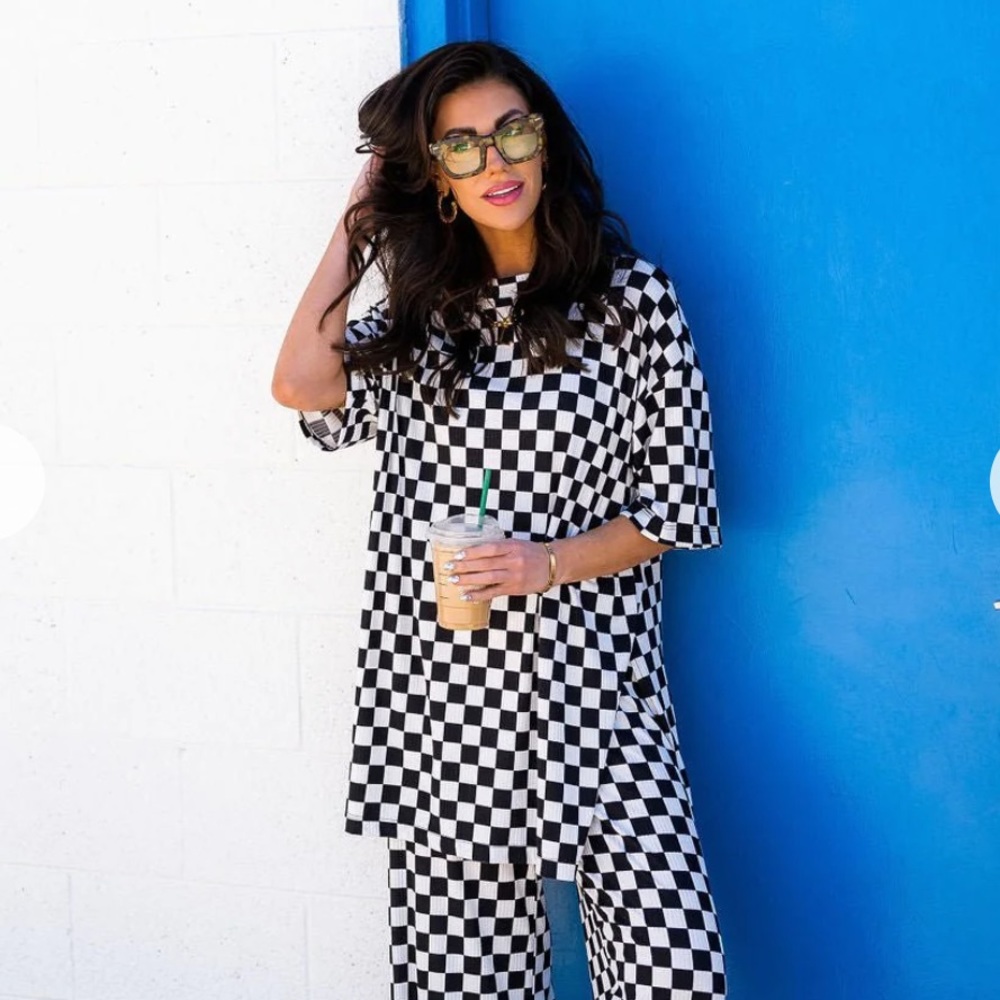 Ribbed mockneck checker shirt. LALA.